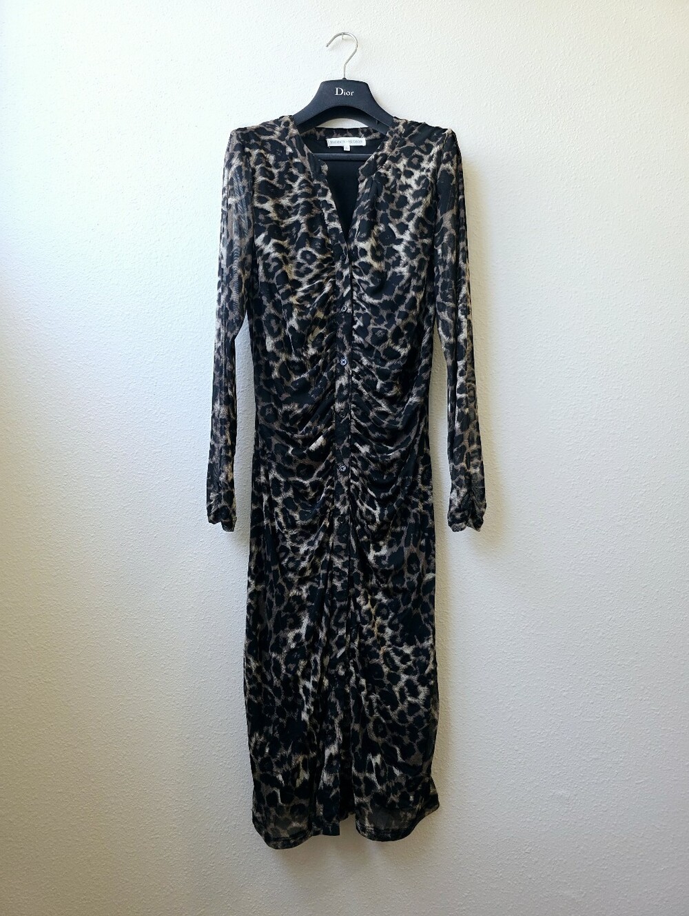 Leopard Print Long Sleeve Midi Dress - Black & Brown S
